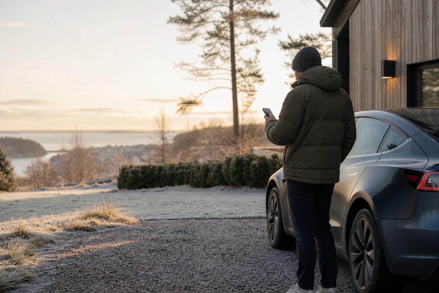 Electric vehicle owner checking their phone at home